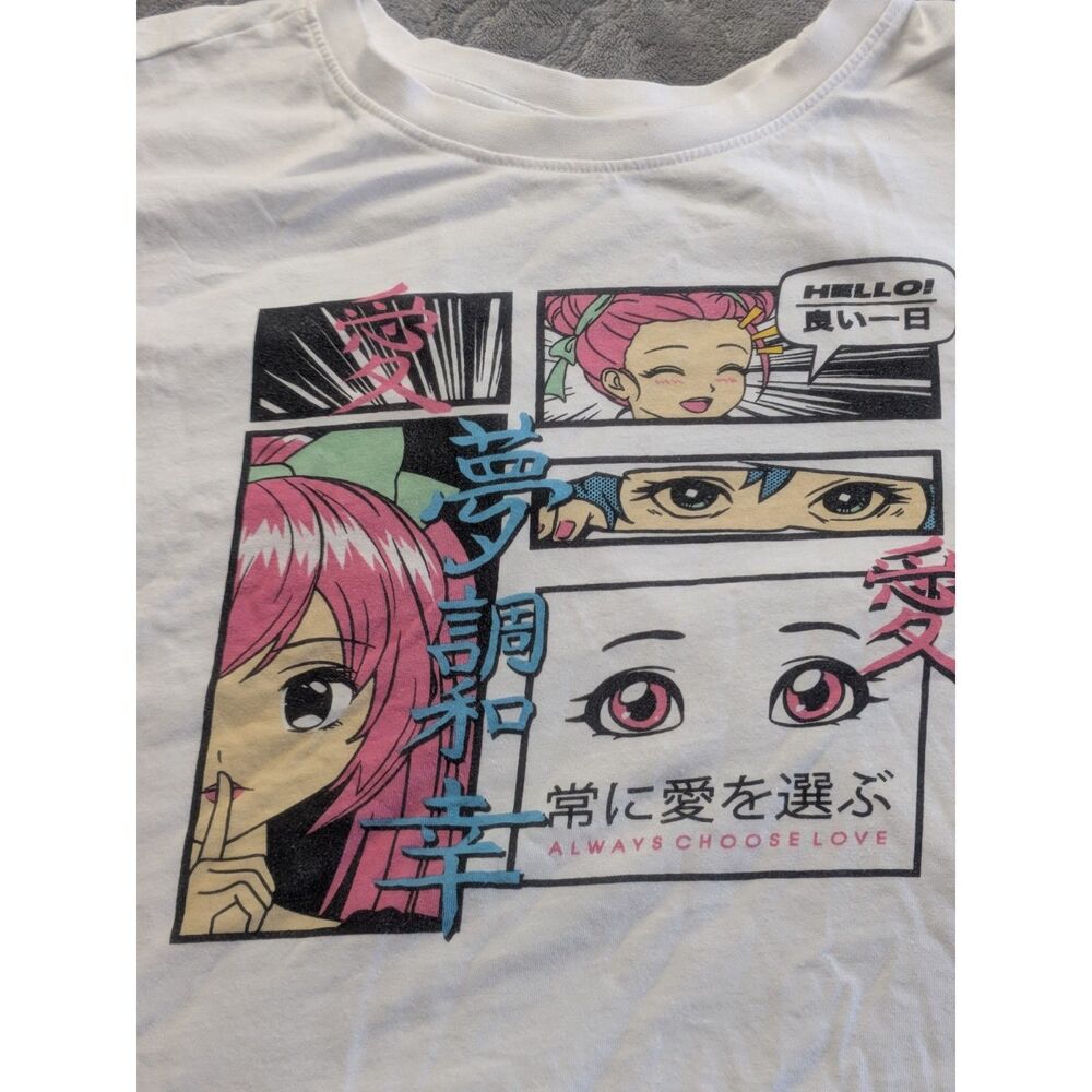 Vibe N Anime Manga Graphic Tee Women's XL White Kawaii Japanese Crop Boxy Shirt